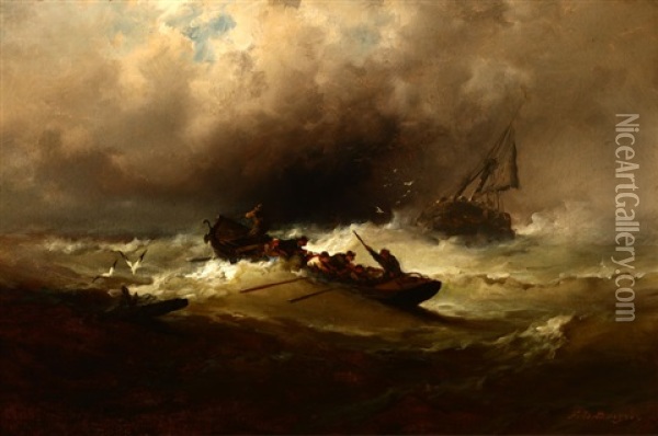 The Typhoon, Figures In A Rowboat On High Seas Oil Painting - Franklin Dullin Briscoe