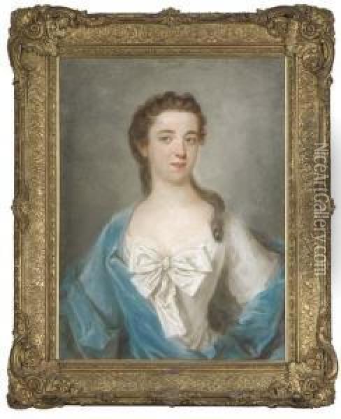 Portrait Of A Young Lady, Half-length, In A Blue Wrap Oil Painting - Arthur Pond