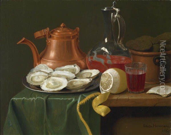 Ein Stillleben Mit Austern, Einer Zitrone, Einer Karaffe Mit Wein Und Einem Kupferkrug Oil Painting - Pieter Jacob Horemans