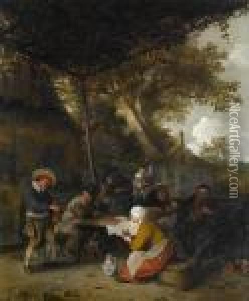 Peasants Seated At A Table Eating And Drinkingbefore A Tavern Oil Painting - Cornelis Dusart