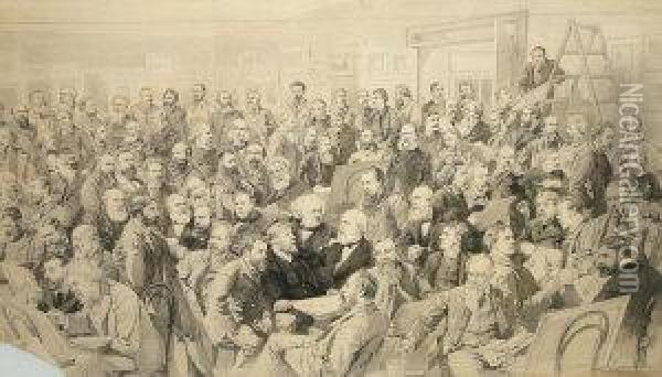 Group Portrait, Possibly Depicting The Royal Watercolour Society; Pen, Black Ink And Watercolour In Monochrome, Original Artwork For Illustration, Signed, 50.5x82cm. Note: There Appears To Be Several Notable Figures Amongst The Numerous Portraits, Bearing Oil Painting - Thomas Walter Wilson