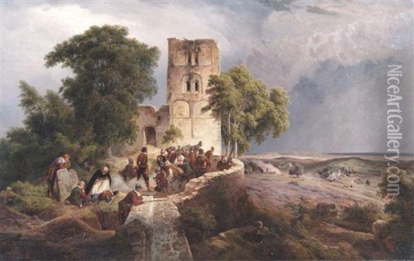 An Extensive Landscape With Soldiers By A Ruined Tower Awaiting Anattack Oil Painting - Carl Friedrich Lessing