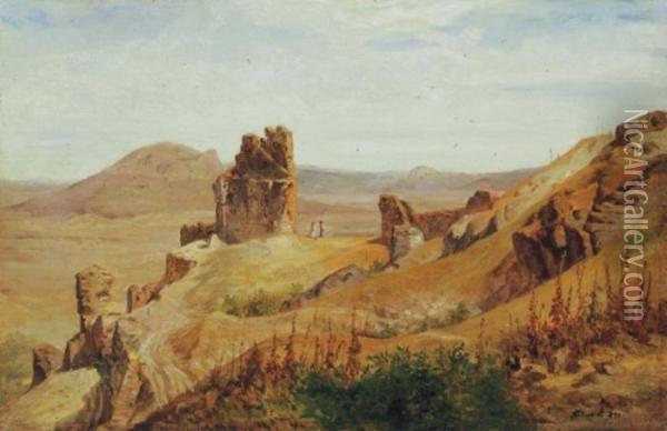 Romantic Landscape With Castle Ruins Oil Painting - Karoly Telepy