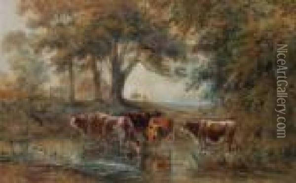 Woodland Streamwith Cattle Watering Oil Painting - Henry Earp