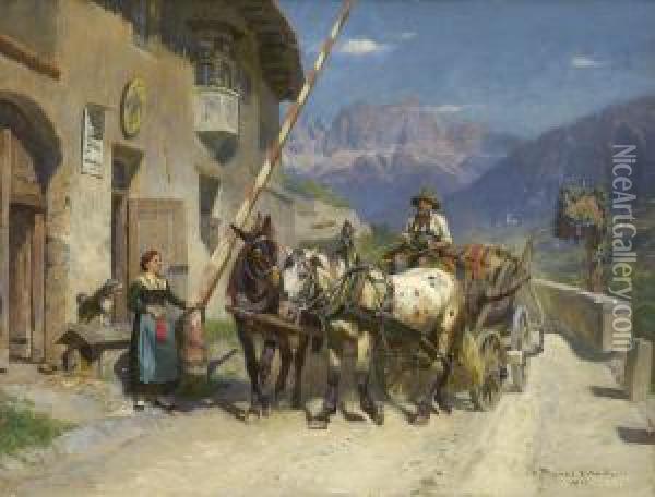 Tiroler Bauer Mit Pferdefuhrwerk An Der Grenzstation Oil Painting - Max Joseph Pitzner