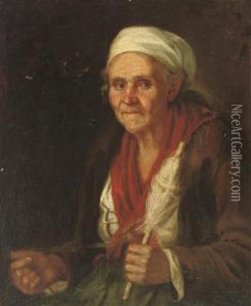 An Old Woman With A Spindle And Thread Oil Painting - Bernhard Keil