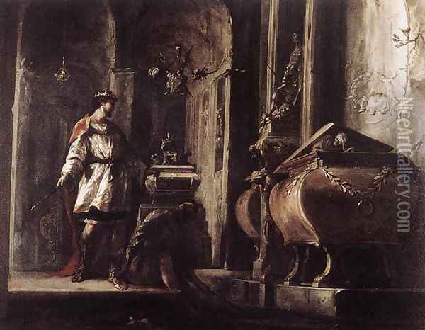 Alexander the Great before the Tomb of Achilles 1630s Oil Painting - Johann Heinrich Schonfeld