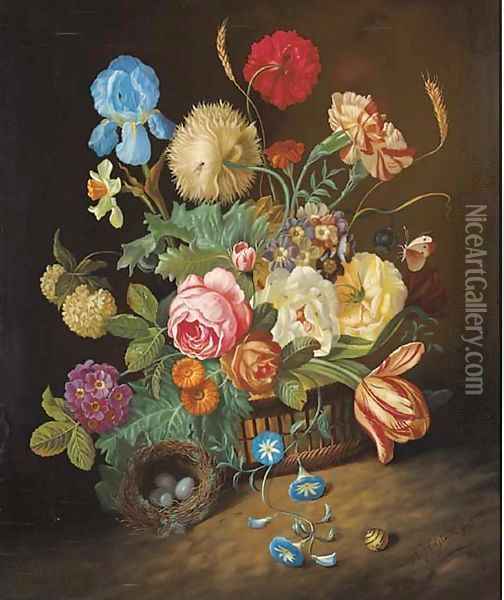 Irises, roses, tulips, peonies, poppies, marigolds in a basket and a bird's nest Oil Painting - Josef Holstayn