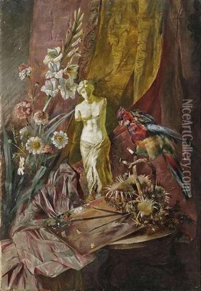 Still Life Withflowers, Artist's Palette, Parakeet And A Statuette Of Venus Demilo. Oil Painting - Hugo Charlemont