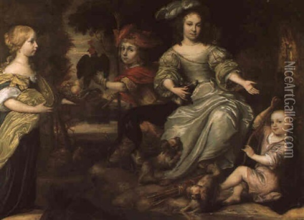 Portrait De Quatre Enfants, De Plein-pied, Avec Les         Attributs De La Chasse, Au Bord D'une Riviere Dans Un Bois Oil Painting - Juergen Ovens