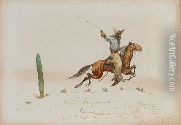 An Arizona Cowcatcher; The Wild Wild West; An Arizona Sidewalk; Picking The Rooster; When East Meets West Oil Painting - George King Bourke