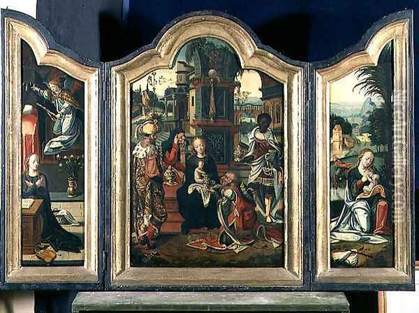Triptych: The Adoration of the Magi (central panel), The Annunciation (LH panel),The Rest on the Flight into Egypt (RH panel) Oil Painting - Pieter Coecke Van Aelst