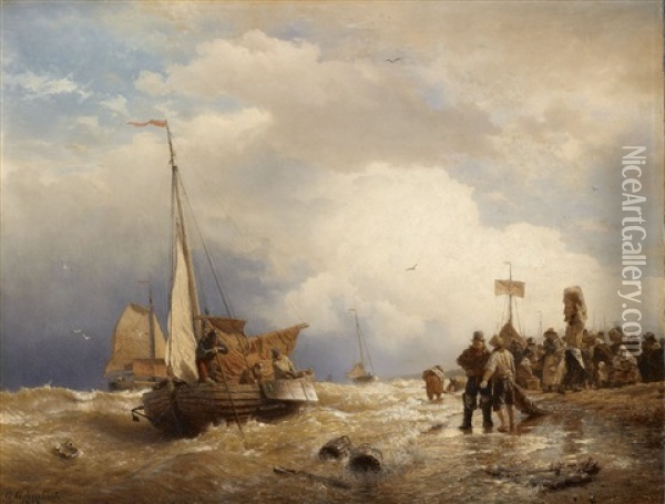 Ruckkehr Der Fischerboote Auf Sturmischer See Oil Painting - Andreas Achenbach