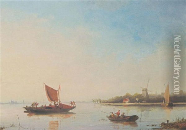 Fishermen In A Calm Oil Painting - Cornelis Christiaan Dommelshuizen