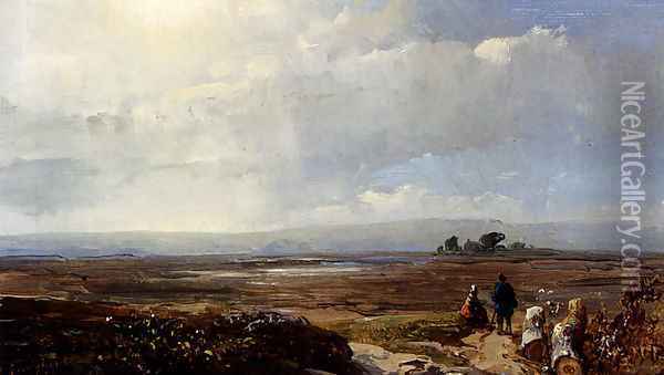Travellers In An Extensive Landscape Oil Painting - Andreas Schelfhout