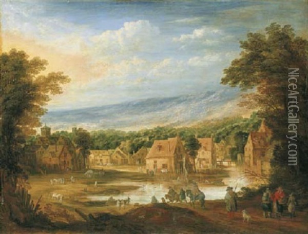 An Extensive River Landscape With Travellers Approaching A Village Oil Painting - Joos de Momper the Younger