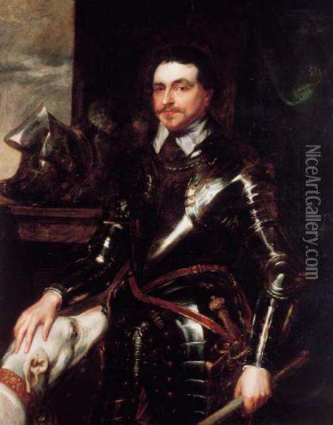 Portrait Of Thomas Wentworth, 
1st Earl Of Strafford (1593-1641),three-quarter-length, In Armour, 
Holding A Baton In His Left Hand,a Dog At His Side Oil Painting - Sir Anthony Van Dyck