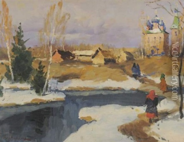Village Russe Sous La Neige Oil Painting - Georgi Alexandrovich Lapchine