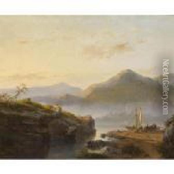 Figures Unloading A Sailing Vessel In A Mountainous Landscape Oil Painting - Andreas Schelfhout