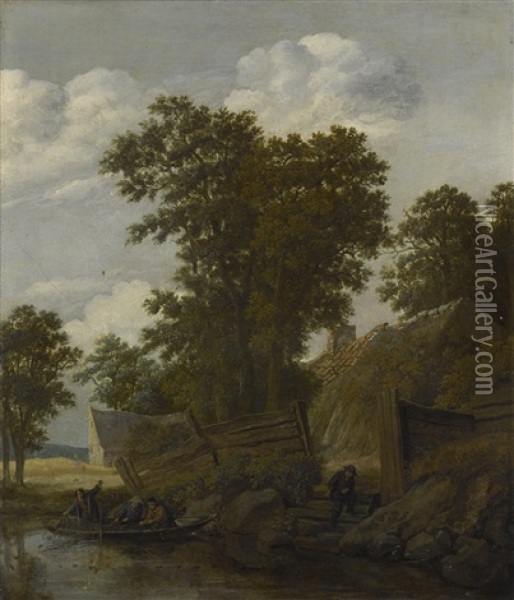River Landscape With Fishermen In A Boat, Houses Beyond Oil Painting - Cornelis Gerritsz Decker