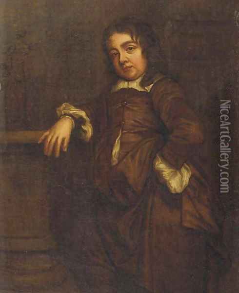 Portrait of a boy, small standing full-length, in a brown silk costume, his right arm resting on a baluster by a column, a garden beyond Oil Painting - Sir Peter Lely