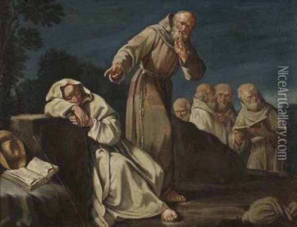 Moine Benedictin Surprenant Un Frere Endormi Dans Un Paysage Oil Painting - Giuseppe Gambarini