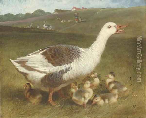 A goose and goslings in a landscape, figures beyond Oil Painting - John Frederick Herring Snr