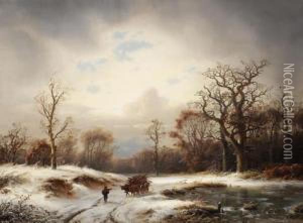 Winterlandschaft. Verschneite Waldlichtung Mit Zugefrorenem Altwasser Oil Painting - Ludwig Scheins