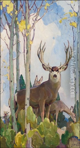 Mule, Deer, Buck And Doe Oil Painting - William Herbert Dunton