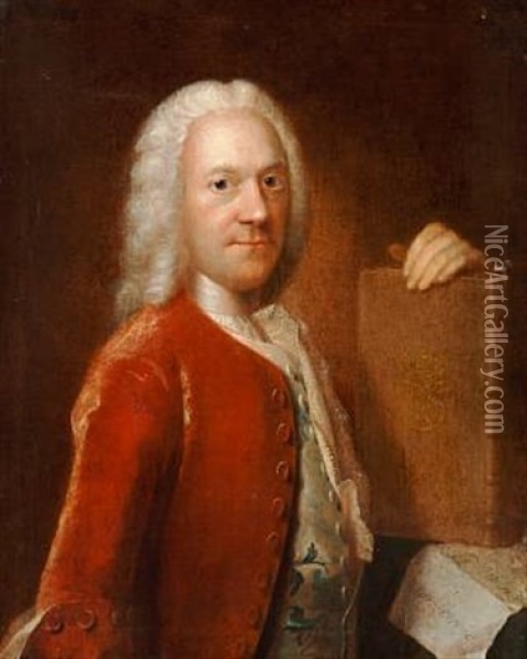 Portrait Of Jacob Langebaek, Historian And State Archivist, With A Wig And A Red Coat, Holding A Book With King Frederik V's Mirrored Monogram Oil Painting - Johan Hoerner