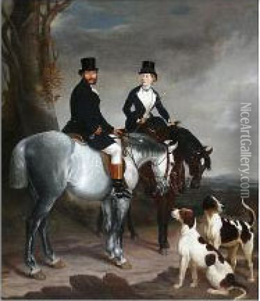 Lady And Gentleman On Horseback, With Hounds, Before A Landscape Oil Painting - Sir Francis Grant