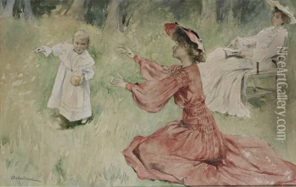 Deux Femmes Assie Et Enfant Jouant Oil Painting - Allan Osterlind