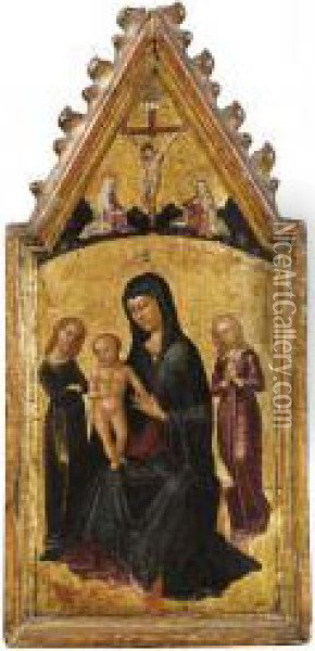 Madonna In Trono Col Bambino E Angeli,in Alto La Crocifissione E Santi Oil Painting - Pellegrino Di Mariano