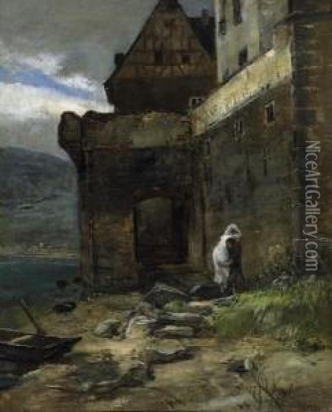 Gondorf Castle On The Moselle 
River. Signed Bottom Right: Ribarz. Oil On Canvas. 55 X 46cm. Framed. Oil Painting - Rudolf Ribarz