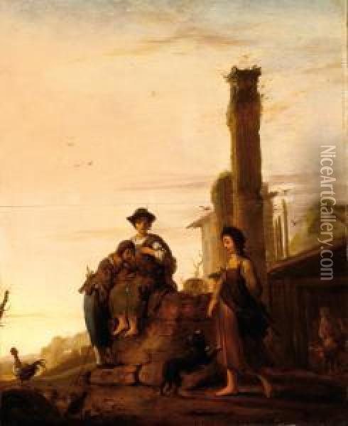 Figures In A Landscape Withclassicistic Ruins Oil Painting - Bartholomeus Breenbergh