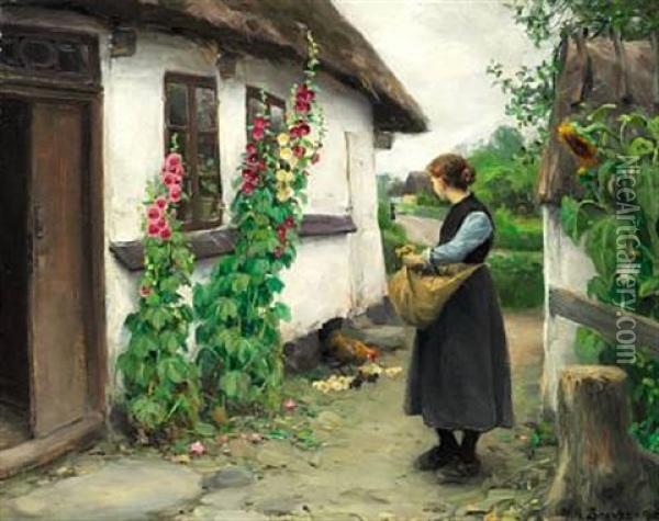 A Girl Is Looking At A Hen With Chickens Oil Painting - Hans Andersen Brendekilde
