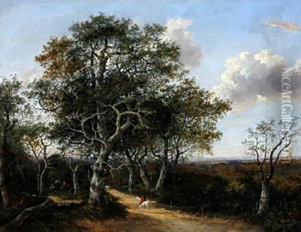 Extensive Landscape With Traveller On A Path By A Gipsy Encampment Oil Painting - Charlotte Nasmyth