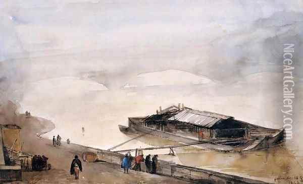 Quay of the Seine with Barge, Fog Effect Oil Painting - Francois-Marius Granet