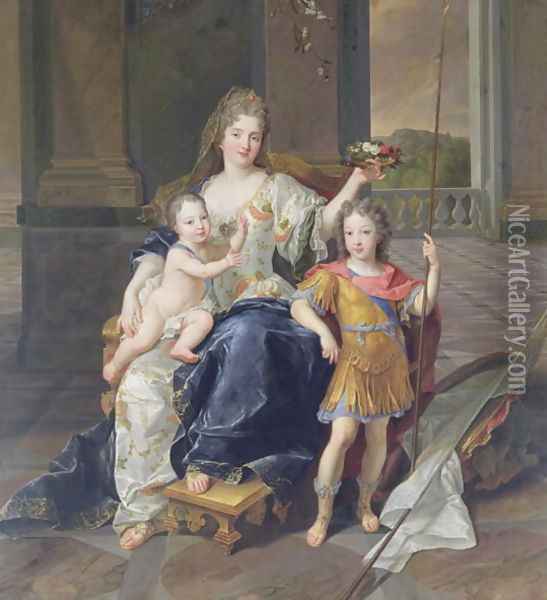 Duchess de la Ferte with the Duke of Brittany and the Duke of Anjou Louis XV c.1712 Oil Painting - Francois de Troy