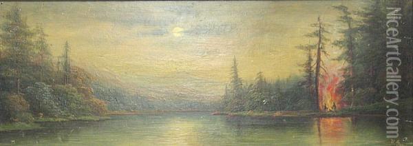 Campfire On A Lake Oil Painting - Una Gray
