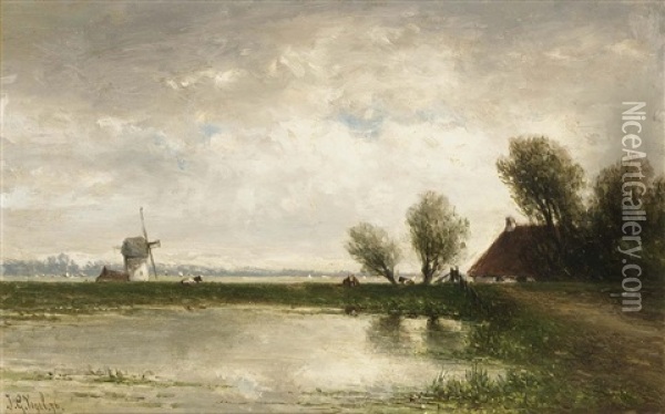 A Polder Landscape Oil Painting - Johannes Gysbert Vogel the Younger