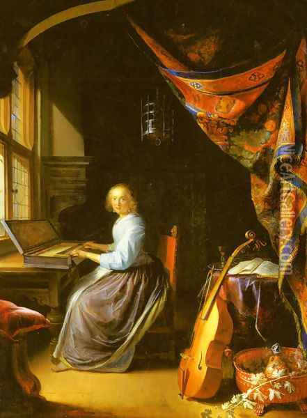 A Woman Playing A Clavichord Oil Painting - Gerrit Dou