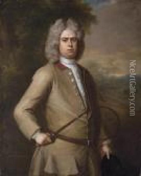 Portrait Of John Sutton, 
Three-quarter-length, In A Landscape, Wearing A Buff Coat And Holding A 
Riding Crop And Hat, A Country House Beyond Oil Painting - Michael Dahl