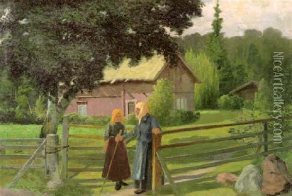 Tytto Ja Naapurin Mummo Oil Painting - Sigfrid August Keinanen