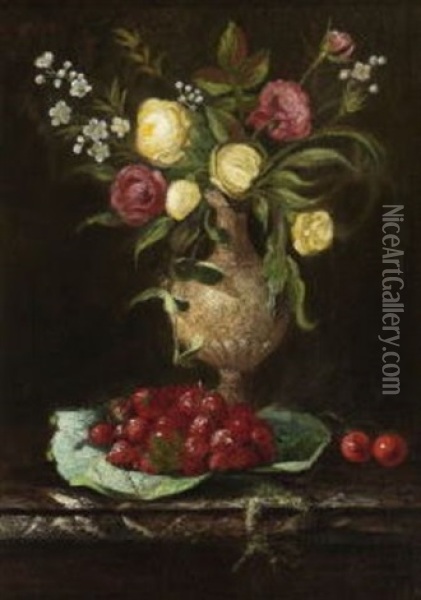 Blumenstillleben Mit Erdbeeren Und Kirschen Oil Painting - Jules Felix Ragot
