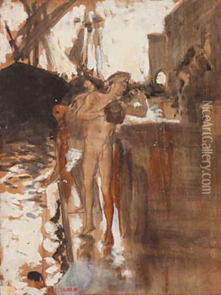 The Balcony Spain and Two Nude Bathers Standing on a Wharf Oil Painting - John Singer Sargent