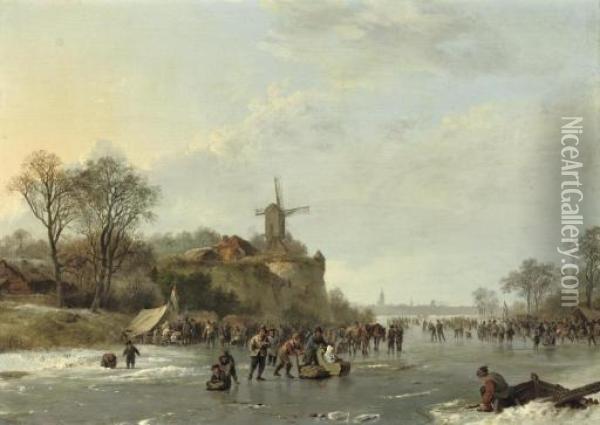 An Extensive Winter Landscape 
With Numerous Figures By A 'koek En Zopie', An Iceskating Race In The 
Distance Oil Painting - Barend Cornelis Koekkoek