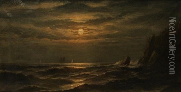 Rocky Coast In The Moonlight Oil Painting - Jonathan Bradley Morse