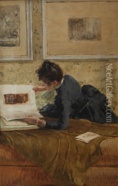 Femme Feuilletant Un Livre D'eaux-fortes Oil Painting - Giuseppe de Nittis