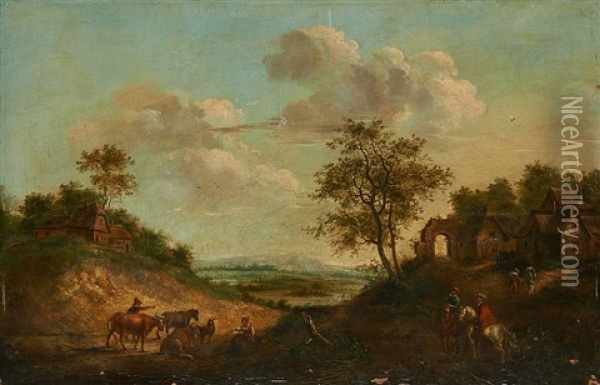 Scene Champetre Sur Fond De Village Oil Painting - Nicolaes Maes